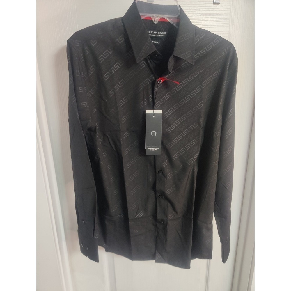American Breed Mens Black Greek Key Monogram Long Sleeve Button Down Dress Shirt